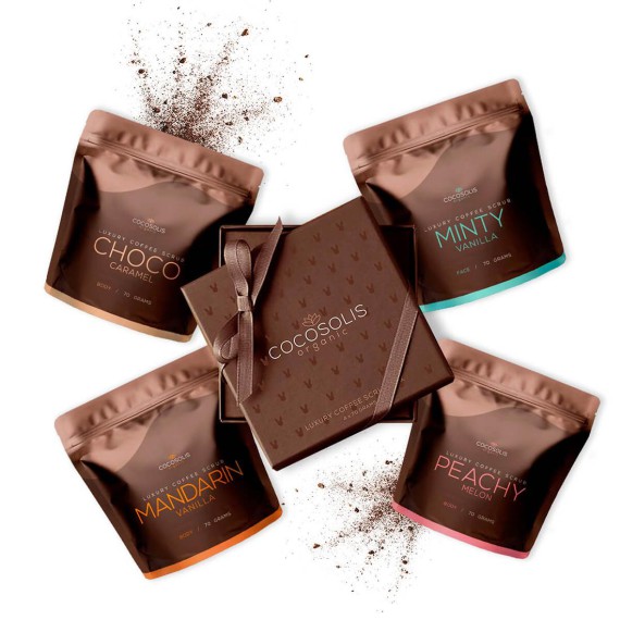 Cocosolis Luxus Kávés Testradír Doboz – 4 természetes bio radírral – 3 a testre és 1 az arcra
