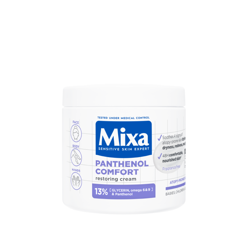 Mixa Panthenol Comfort krém a bőr védőgátjának helyreállítására atópiás bőr esetén.