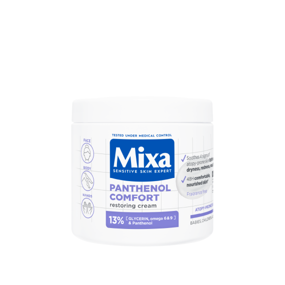 Mixa Panthenol Comfort krém a bőr védőgátjának helyreállítására atópiás bőr esetén.
